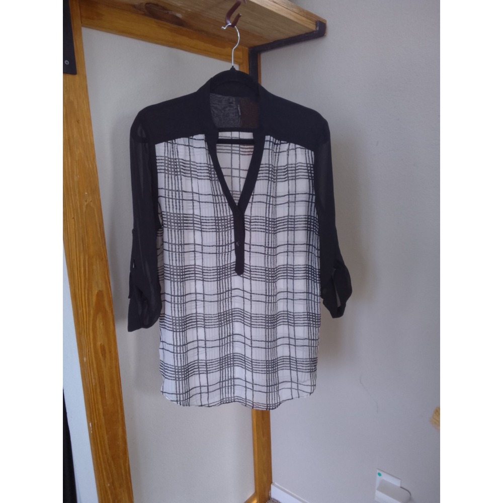 Maurices Womens Black White Grid Plaid Sheer Chiffon Roll Tab Sleeve Blouse S